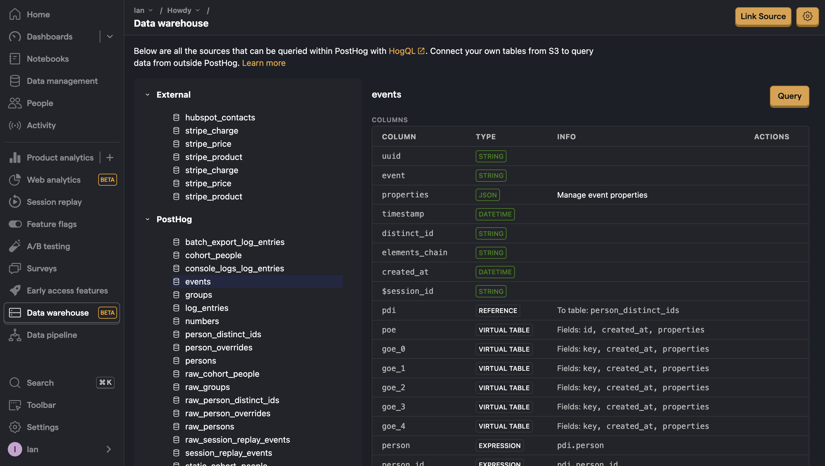 Data warehouse tab in PostHog app